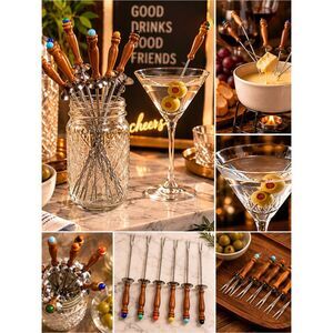 Vintage Mid-Century Cocktail Picks/Fondue– Set of 6 Wooden Handles w/ Color Tips